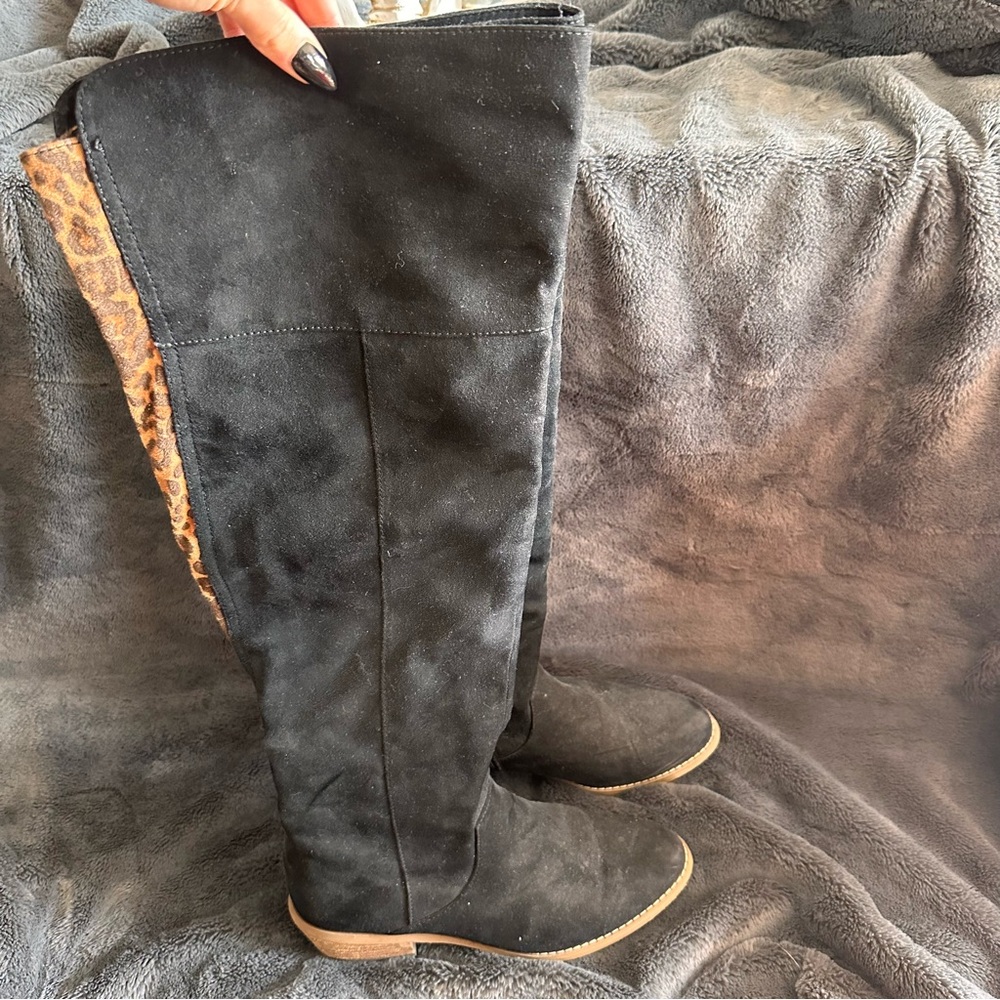 Black Suede over-the-knee Boots with cheetah print detail